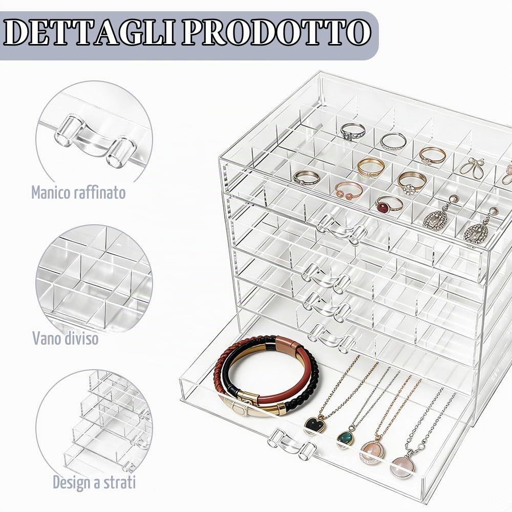 Scatola Organizzatrice per Gioielli in Acrilico con 5 Cassetti | per Orecchini Anelli Bracciali Collane,Scatola di Archiviazione per Gioielli in Acrilico,Organizer Gioielli Anelli Orecchini