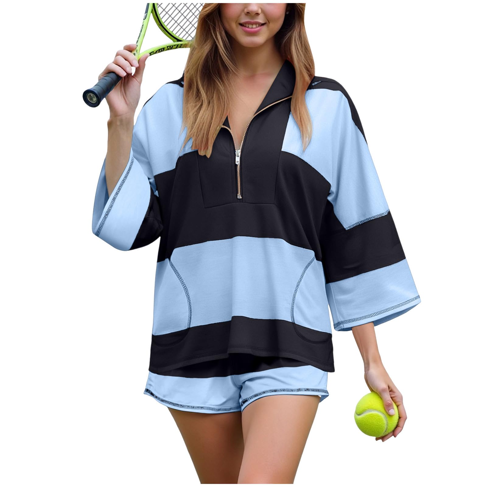 Ensemble de détente 2 pièces Femme en Tricot rayé à Manches Courtes Short décontracté l'été Tricot gaufré Chauve Souris Haut Cordon Serrage Taille Rayures Demi Ample Poche Top Short Taille élastique