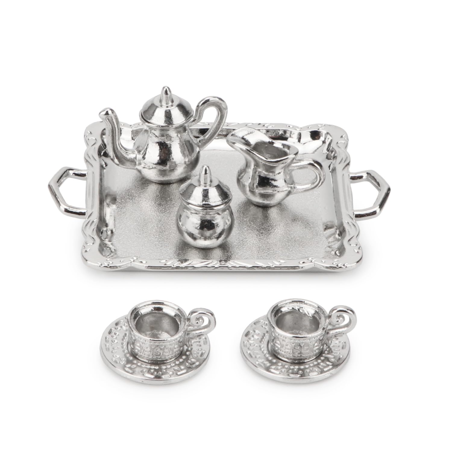 Miniature Tea Set 1/12 Dollhouse Kitchen Decoration 10PCS Metal Tea Pot Teapot Tray Set Mini House Furniture Accessories Teaware Kit Simulation Lifelike (Silver)