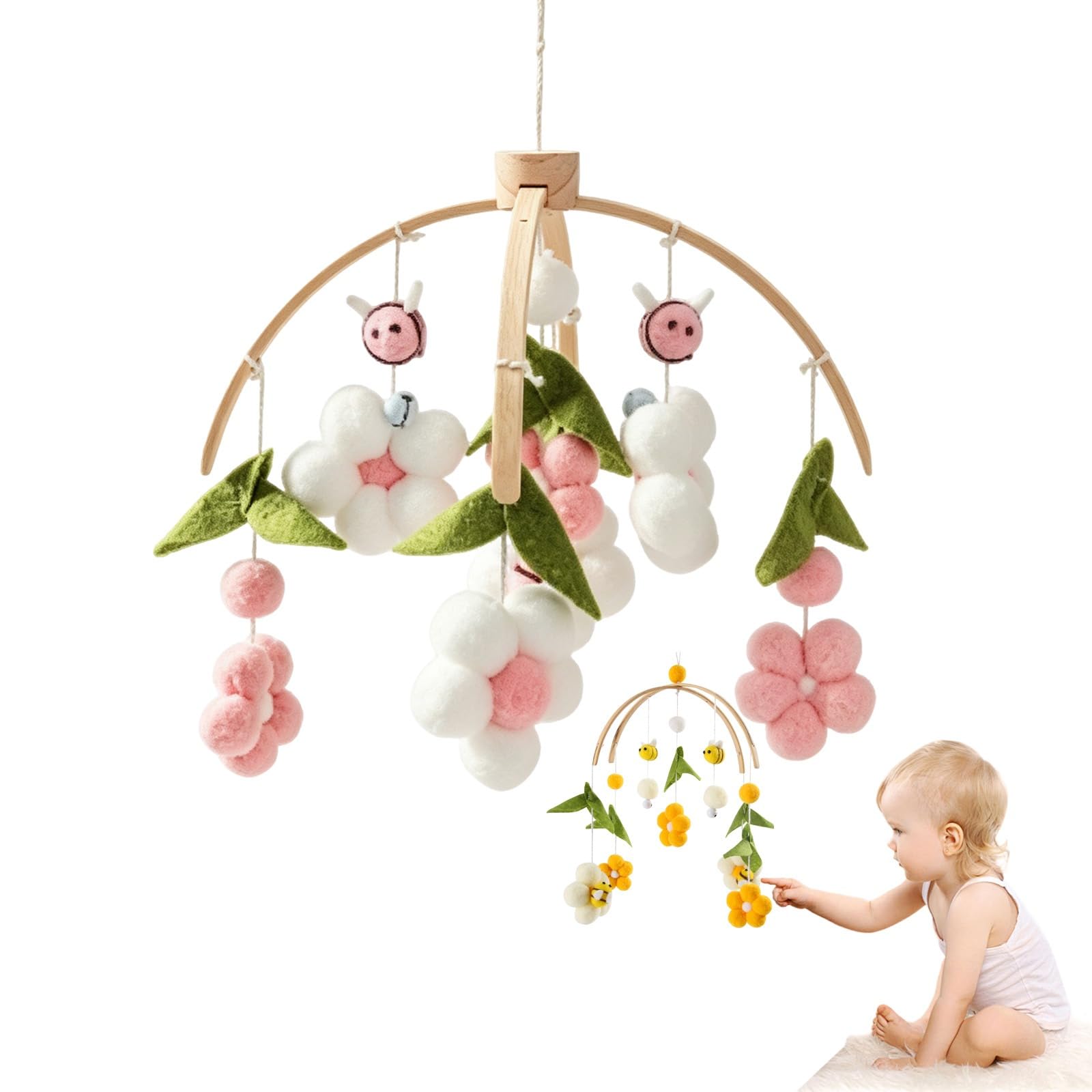 Baby Crib Mobile, Felt Bee Flower Hanging Mobile, Wooden Frame Nursery Hanging Decor, Boho Crib Mobile for Infant Baby Shower Present (Pink)