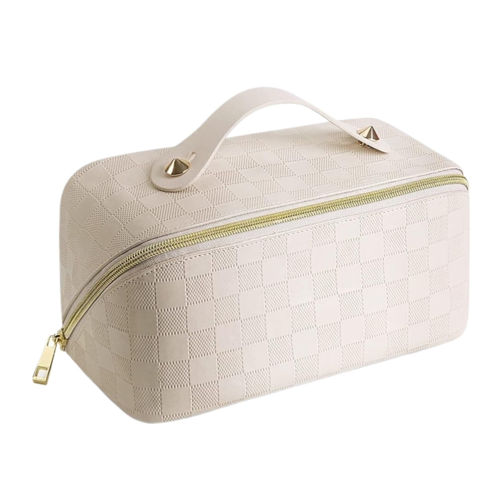 Borsa per Cosmetici Borsa for Cosmetici da Viaggio Borsa for Trucchi Scozzese A Quadretti Borsa Portatile in Pelle con Manico E Scomparti Borsa da Trucco(White)