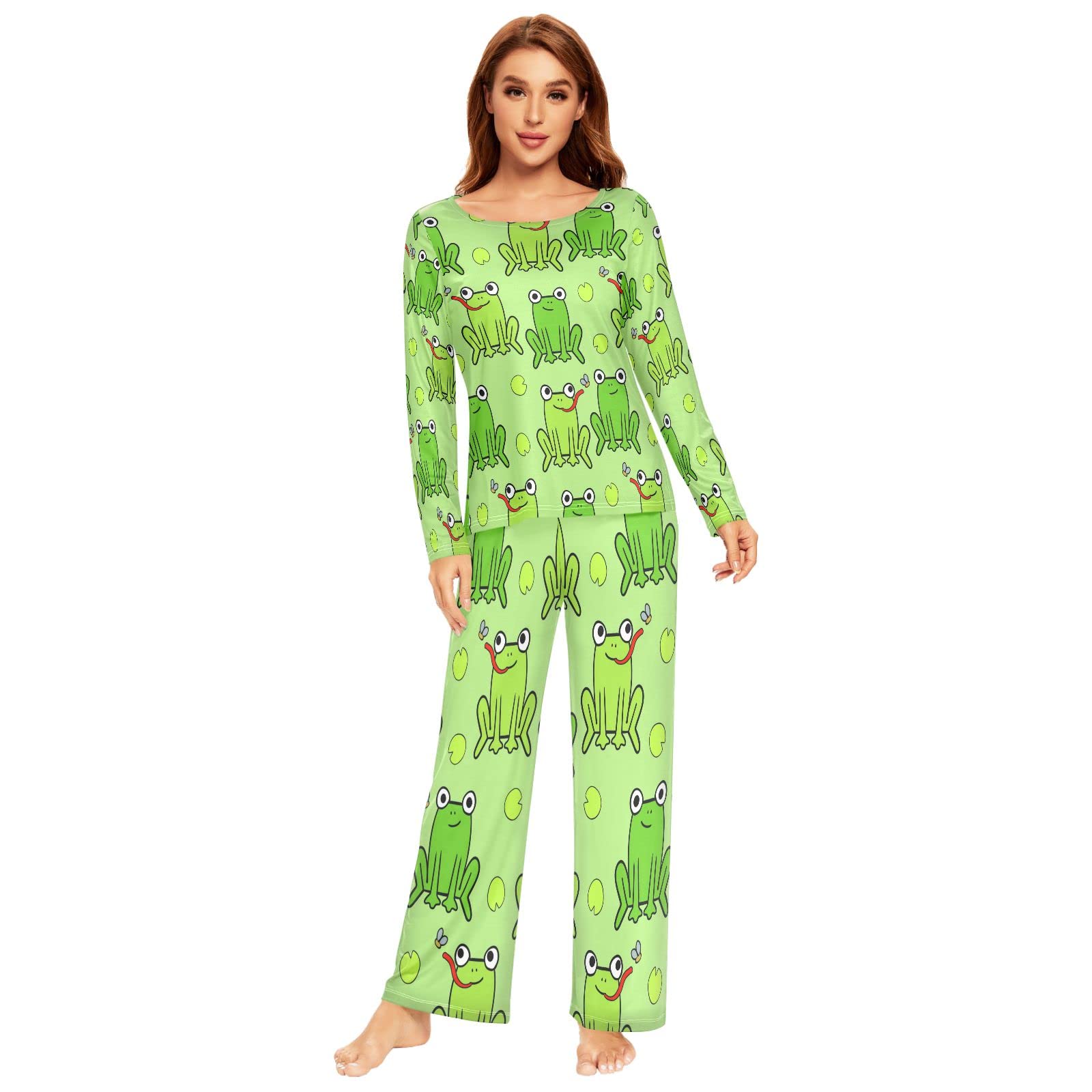 Schlafanzug Damen Lang Grüner Frosch-Muster Pyjama Damen Langarm Pyjamaset Nachtwäsche Zweiteiliger Hausanzug Sleepwear