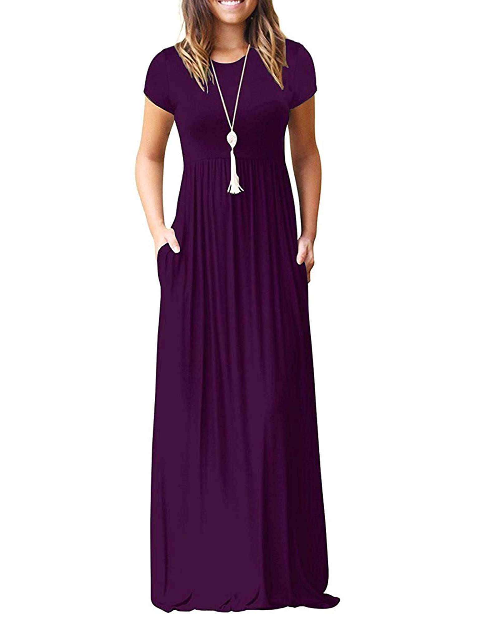 AUSELILY Women's Summer Short Sleeve Loose Plain Casual Long Maxi Dresses | Year Round wear solid floral print, Casual wear, Empire waist, Floor length, Side pockets