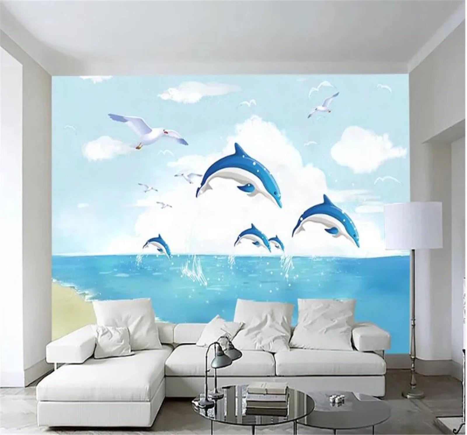 Tzxztt Fresh Beach Ocean Dolphins Sky Modern 3D Wallpaper Premium Textured Silk Neutral Tones Material Ideal for Living Room Bedroom-430cm×300cm