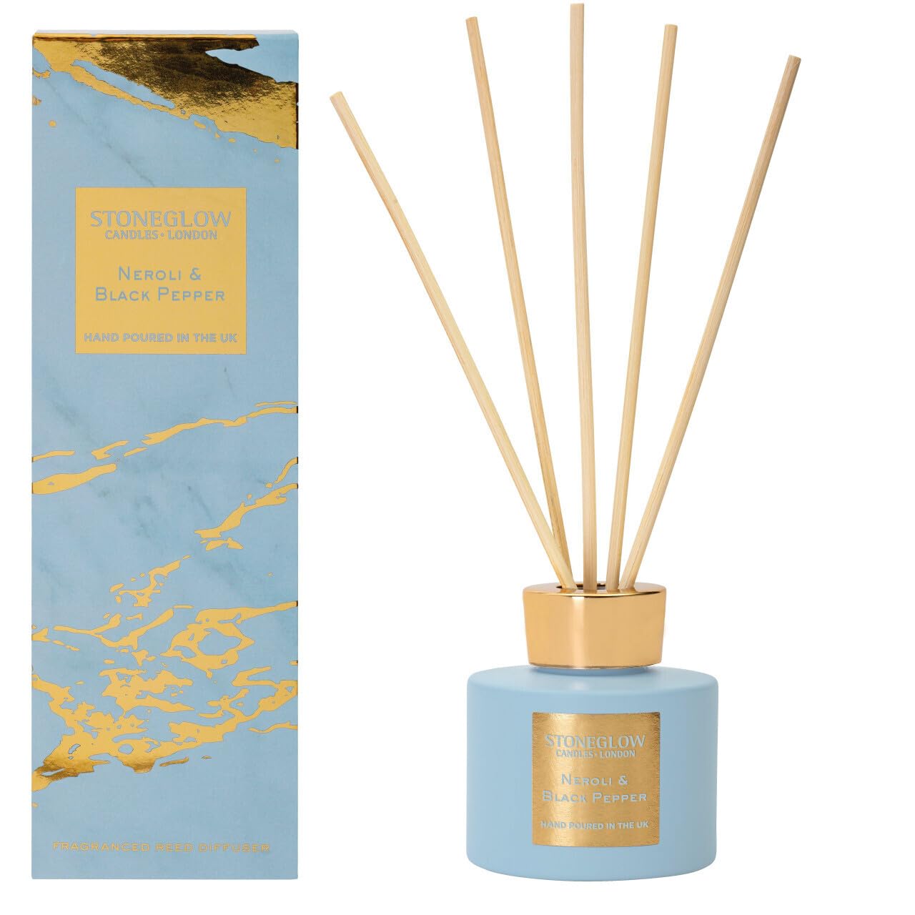 Stoneglow Light Blue / Gold Luna Collection Neroli & Black Pepper Scented Reed Diffuser 120Ml With Citrus, Freesia & Rose Notes, Lasts 10 Weeks, 10 Rattan Reed Diffuser Sticks, Refillable Home Fragrance Air Freshener