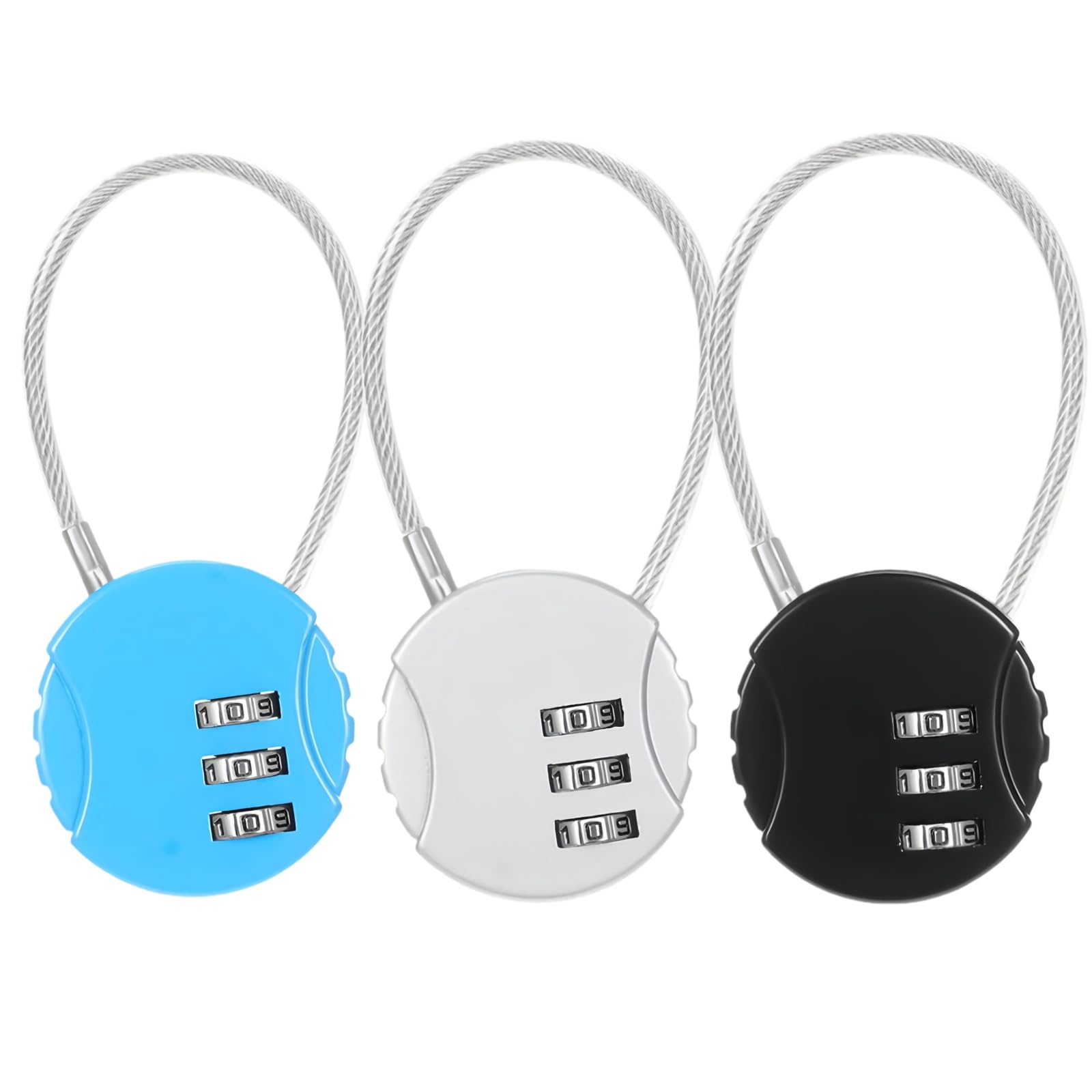Luyizi 3-Digit Combination Lock Set, Waterproof Mini Wire Rope Padlocks for Gym Lockers, Backpacks, Trolley Cases, Fence, Black White Blue, 3 Pack