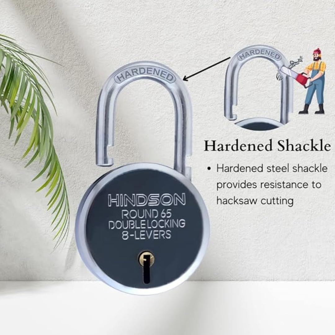 HINDSON Round 65mm Padlock | Heavy Duty Metal Body Lock | Double Locking | 8 Steel Levers | 6 Silver Keys with Keychain | Silver Finish | Home Improvement | Made in India — Amazon image 4