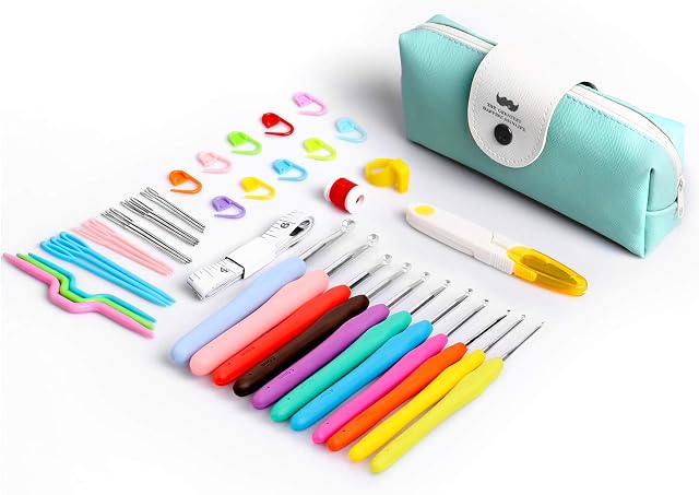 Norjews Crochet Hook Set Colorful Ergonomic Soft Rubber Comfort Grip Crochet Knitting Needles Kit Household Tool with Portable Bag - 44 Pack (Green)