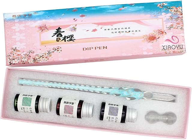 XIAOYU Glass Dip Pen Set, Calligraphy Pen Signature Pen Writing for School Stationery Art Decoration Supplies, Blue