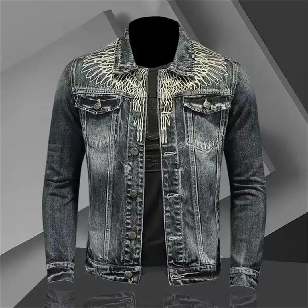 Men's Retro High Street Trendy Motorcycle Embroidered Lapel Loose Versatile Denim Jacket