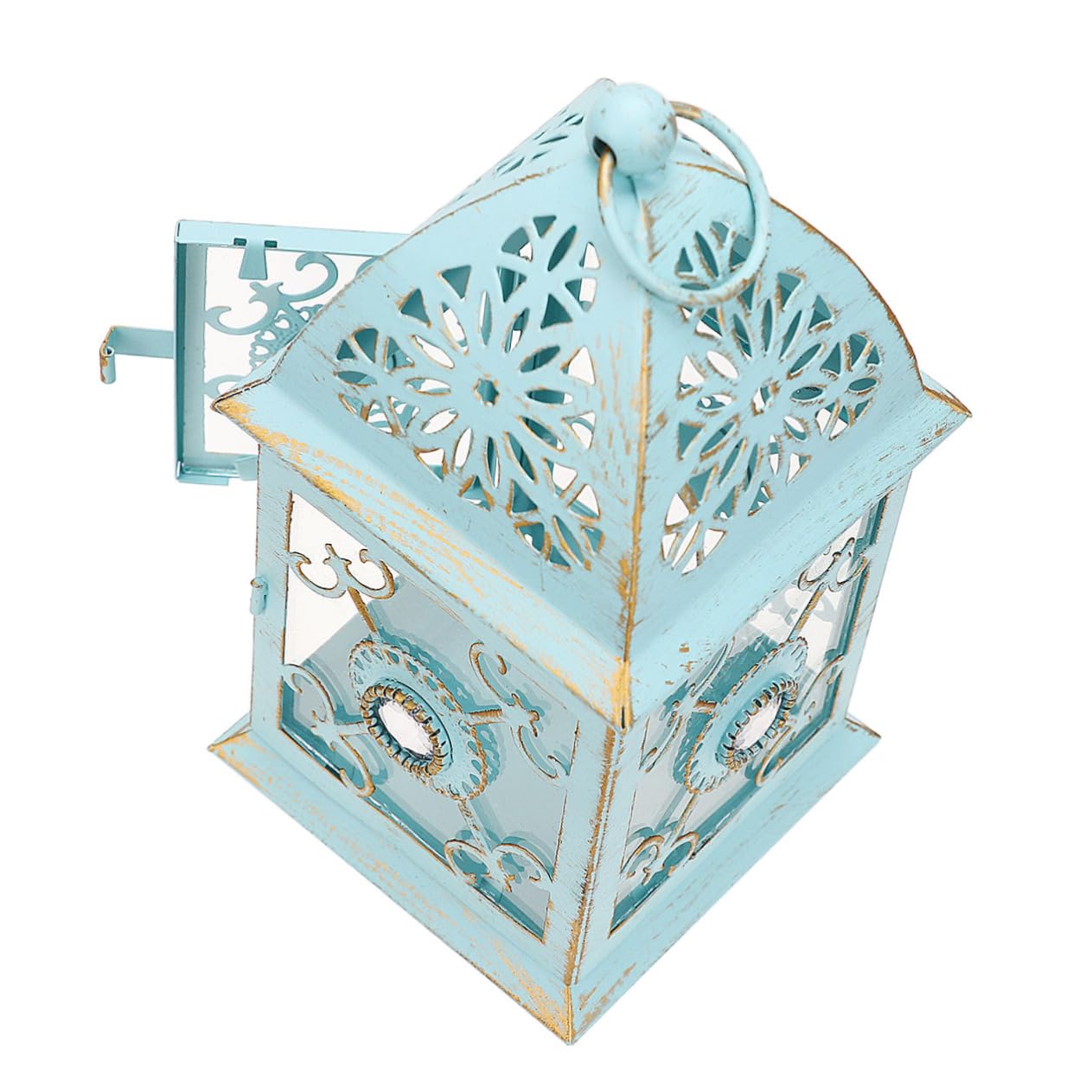 Lanterna per Candele in Ferro e Vetro Blu Stile Rustico