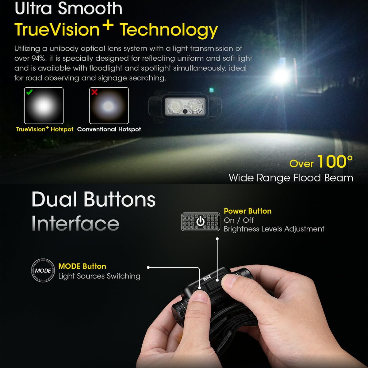 Nitecore Latarka czołowa NU43, lekka, ładowana przez USB C, 1400 lumenów, zasięg świecenia 130 m, czerwone światło do widzenia w nocy