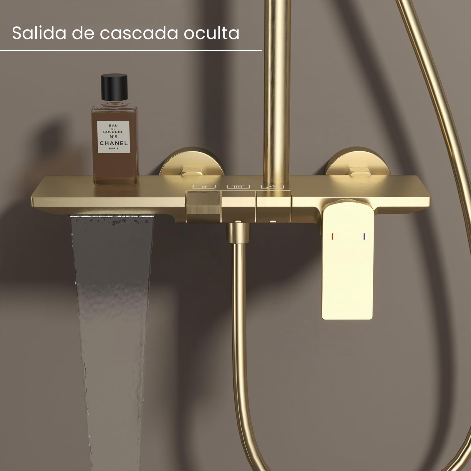 Oro Cepillado Columna Ducha con Grifo, Columna de Ducha for Bañera Monomando Sistema de Ducha lluvia Altura Ajustable Set de Ducha con 32.5cm Cabezal, 4 Modos Ducha Mano