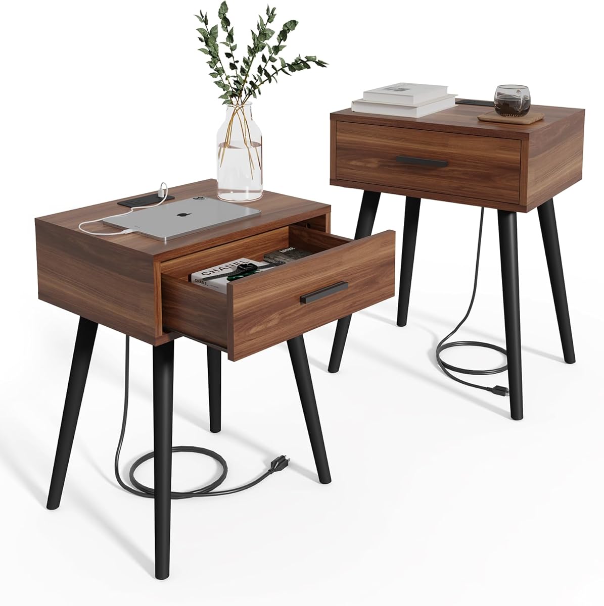HAIOOU Set of 2 Mid Century Nightstand with Charging Station, End Table Modern Side Table One Drawer with Premium Matte Black Handle and Pine Wood Legs for Home Bedroom Living Room (NS003X)