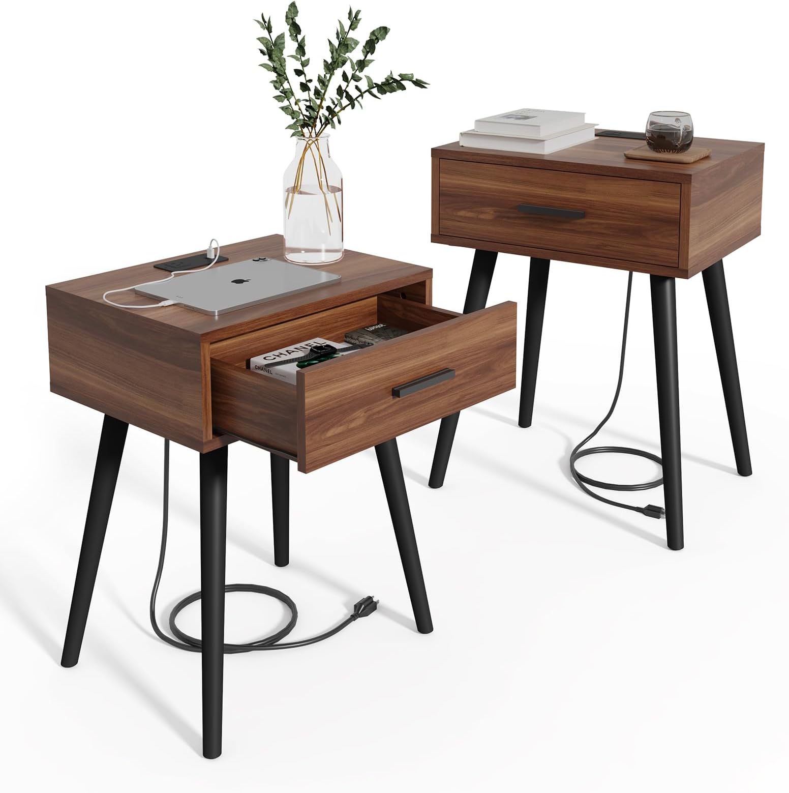HAIOOU Nightstands Set of 2, Mid Century Modern Night Stand with Charging Station, End Table with Storage Drawer Premium Matte Black Handle,Side Table with Pine Wood Legs for Home Bedroom Living Room