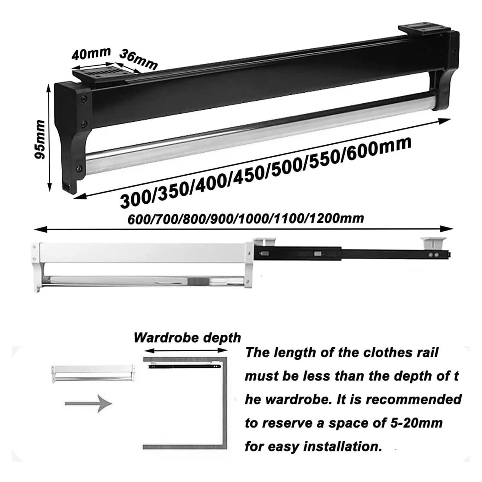 Tringle à vêtements rétractable 30-60 cm, organisateur coulissant pour pantalons et manteaux, conception gain de place, charge maximale de 25 kg, idéal pour les placards et le rangement à do