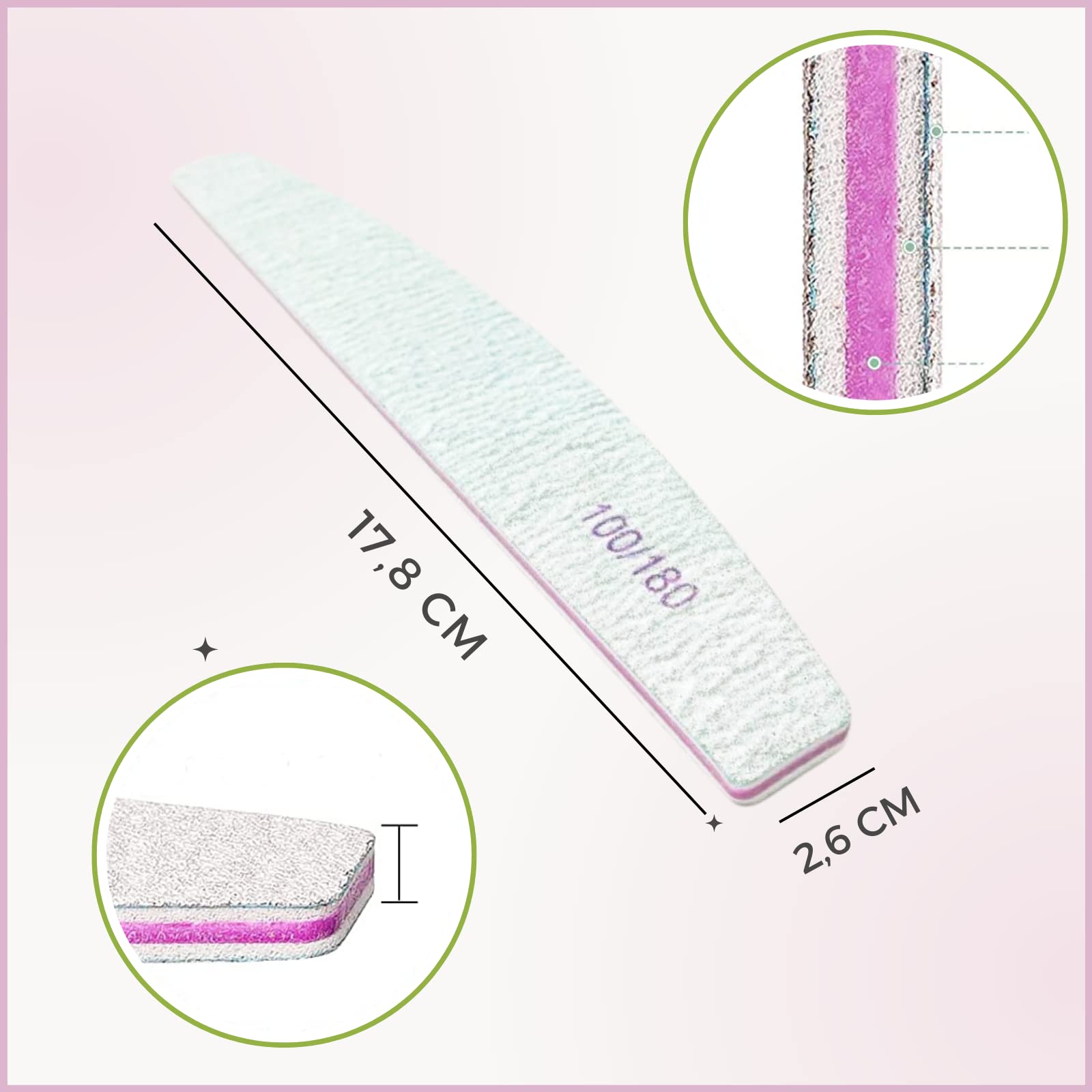 50 PEZZI SQUADO - Lime per Unghie 100 180 Professionali a Mezza Luna Bilaterali Set Limette Ricostruzione Unghie per Gel e Semipermanente Manicure (50 pezzi)