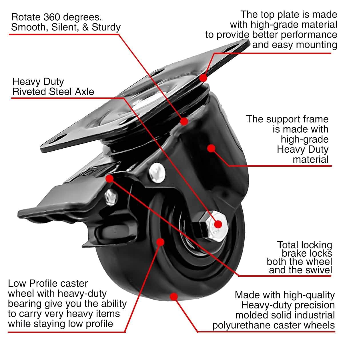 FactorDuty 2.5 inch Heavy Duty Polyurethane Caster Wheels with Total Locking Brake Double Ball Bearing Industrial Grade Solid Low Profile Smooth and Silent 2000LB Capacity Pack of 4