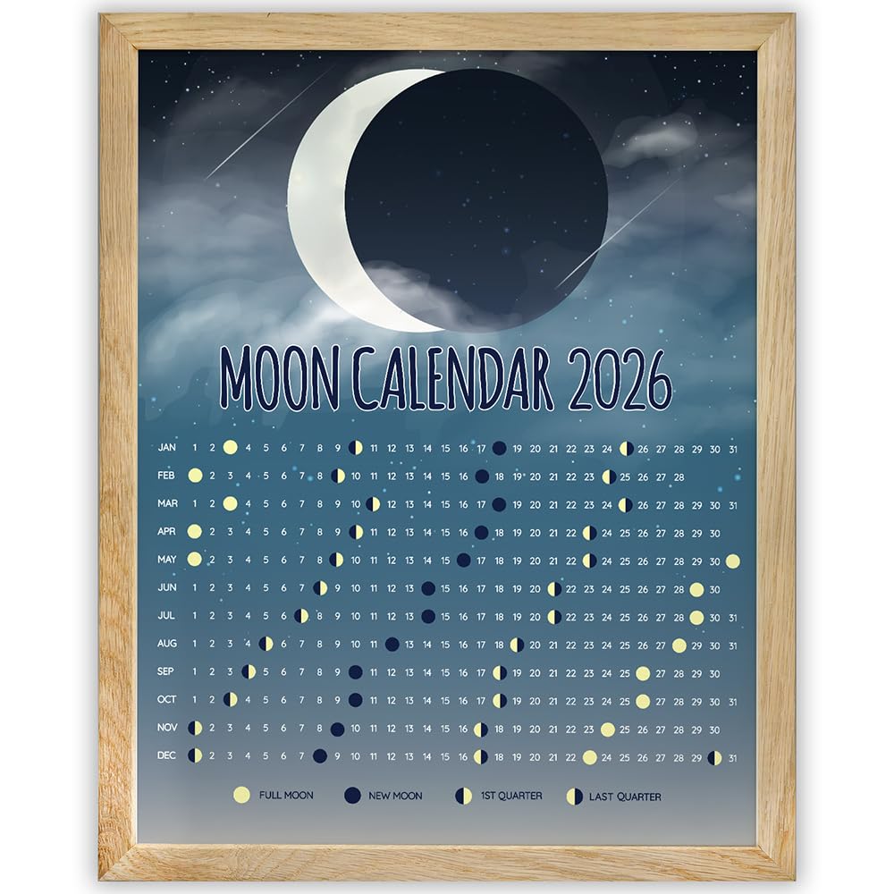 2026 Calendar – Phases of the Night Sky 11x14 Framed Print Ready to Hang – Lunar Cycle Chart with Full and New Events, Celestial Wall Art,