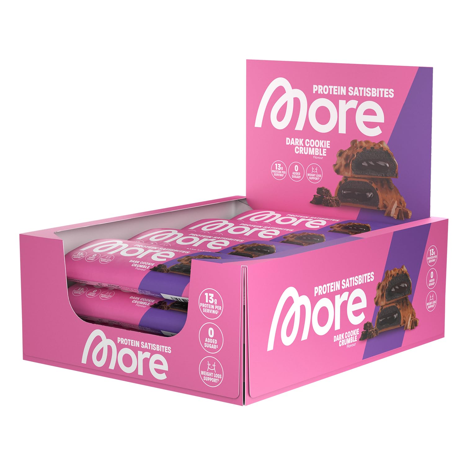 MORE Protein Satisbites, 12er Box Proteinriegel, 12 x 2 x 25 g, Dark Cookie Crumble, bis zu 16 g Protein pro Portion, ohne Zuckerzusatz, made in Germany