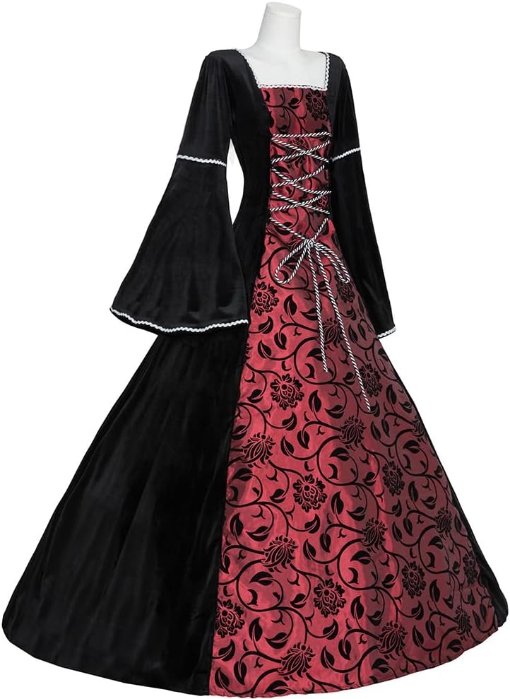 Women's Medieval Renaissance Faire Brocade Velvet Floral Faire Victorian Dress Vampire Halloween Costume - Image 3