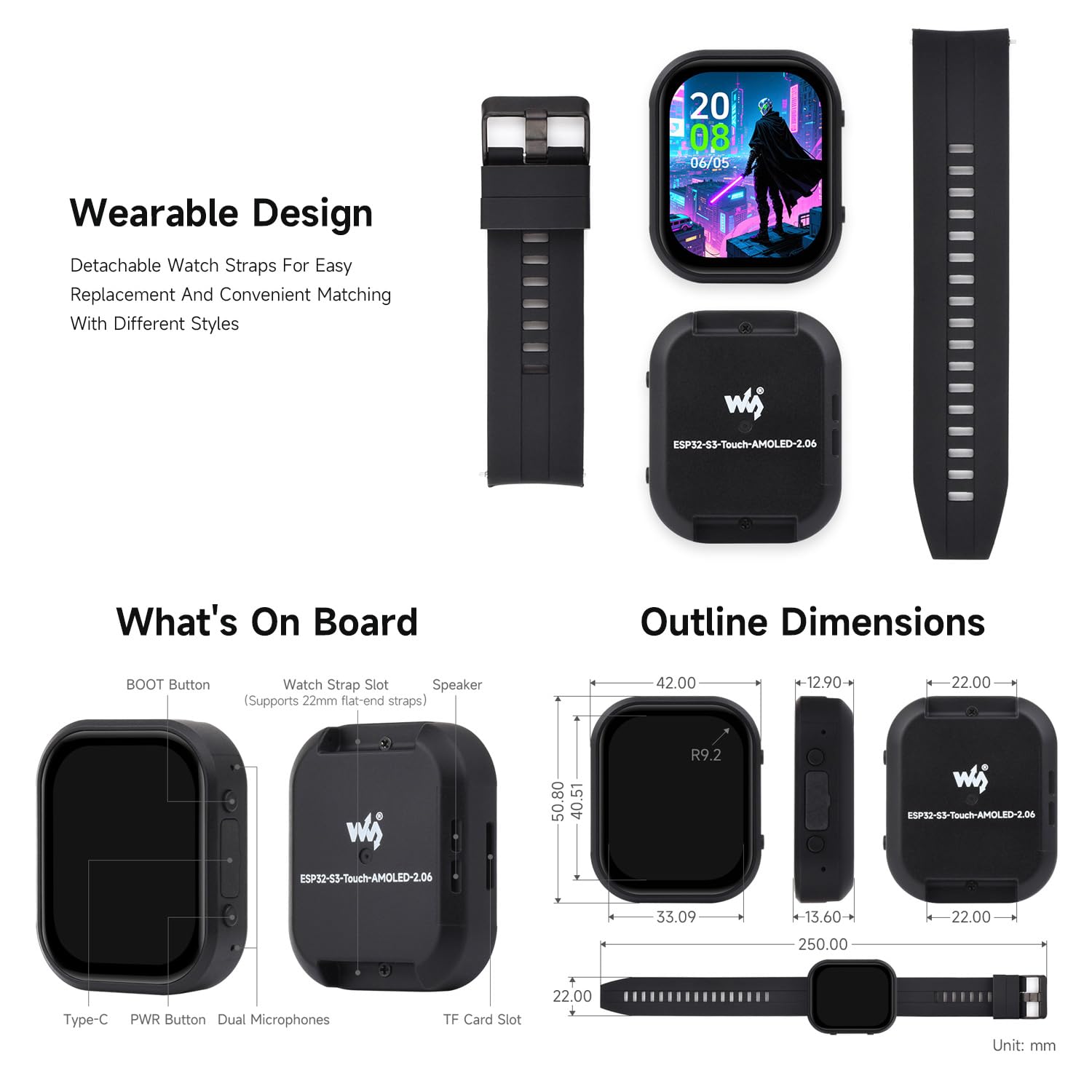 Waveshare ESP32-S3 2.06inch AMOLED Touch Watch Display Development Board Wi-Fi/BT5 MCU 410x502 Pixels ESP32 With Display Designed for Prototyping and Functional Verification of Wearable Applications