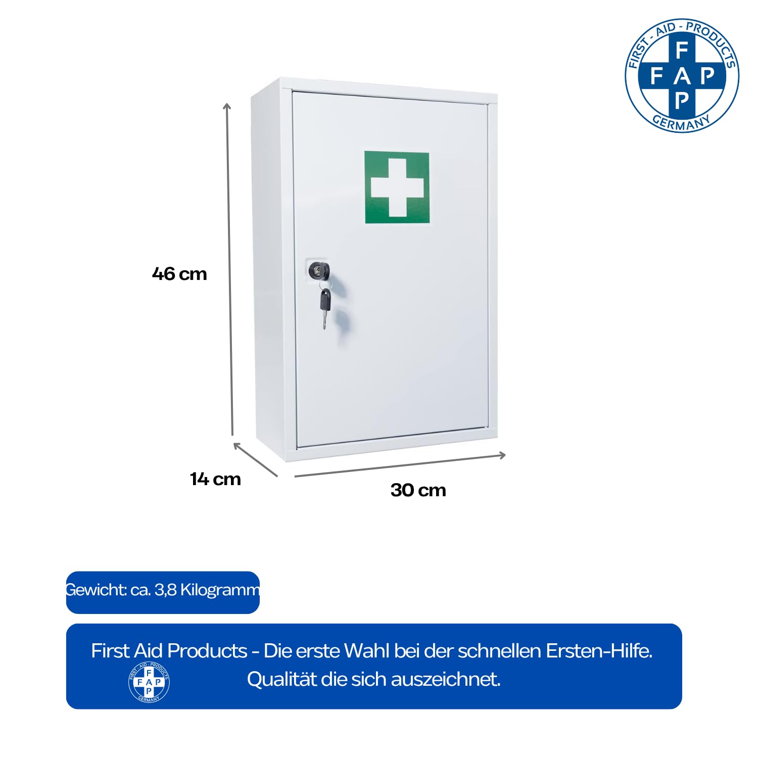 First Aid Products Verbandschrank B – inkl. DIN 13157:2021 Füllung – Metall, 3 Ablageflächen, abschließbar – Betriebsverbandkasten, Büro, Betrieb, Versammlungsstätte & Werkstatt – 46×30×14 cm