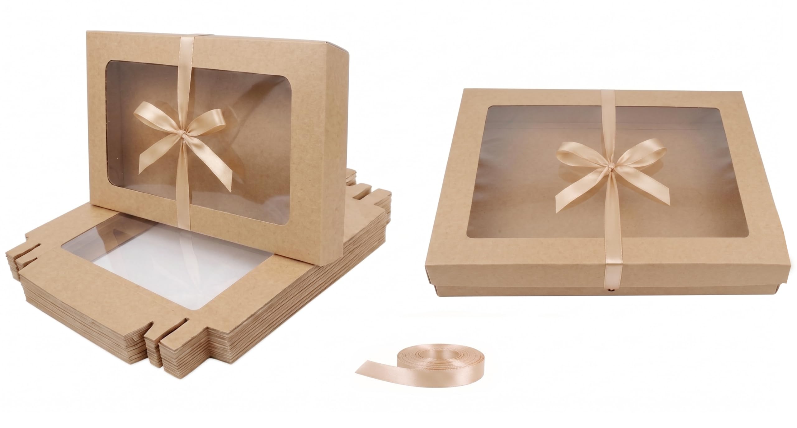 Emartbuy Pack of 36 Brown Gift Boxes with Clear Window Lid & Gold Satin Ribbon - Extra Large 35 x 25 x 6 cm - Recyclable Kraft Presentation Box for Hampers, Treats, Weddings & Favours