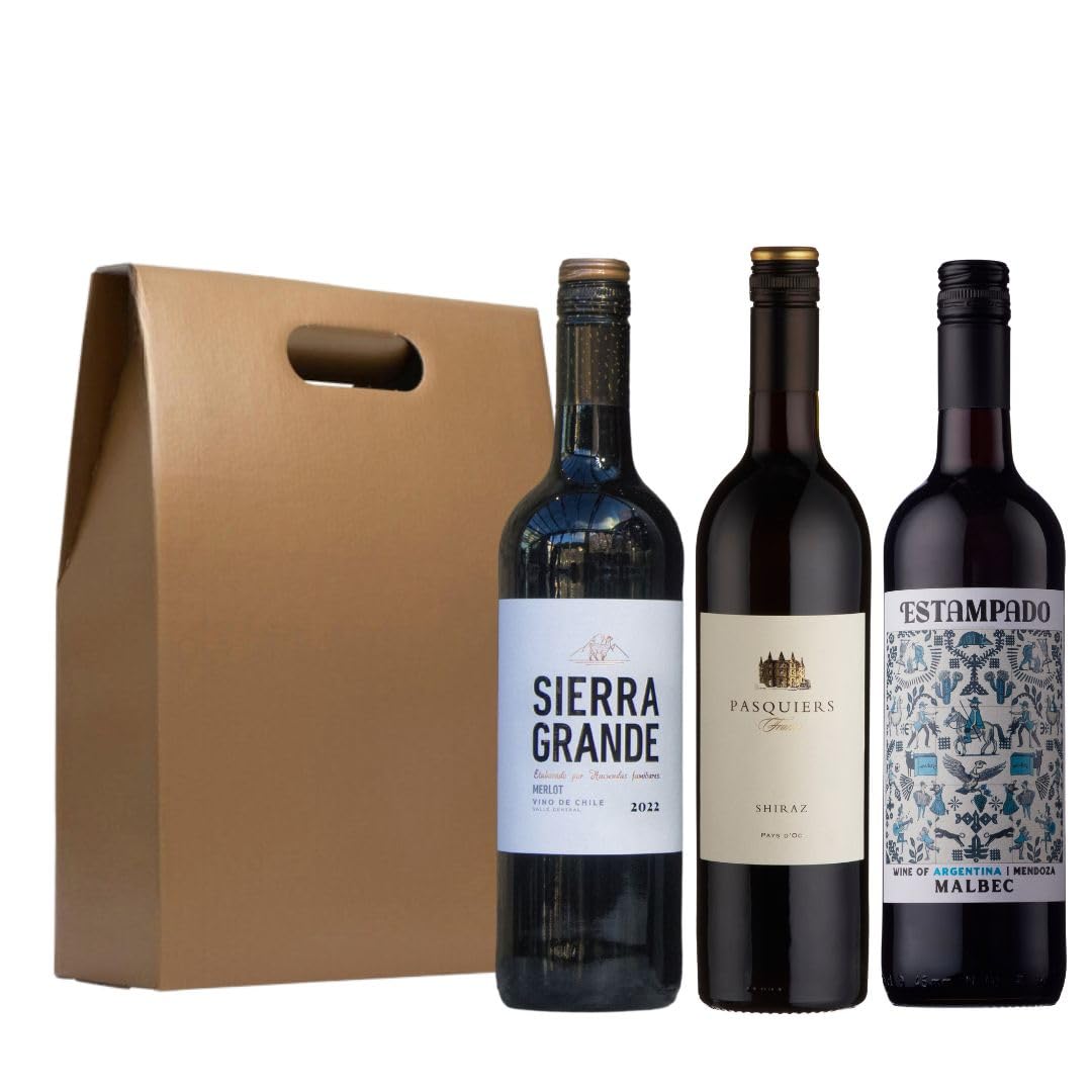 "3 Favourite Reds" Red Wine Gift Set | 3 x 750ml Bottles in a Gold Presentation Box | Malbec, Merlot and Shiraz - Averages 13% ABV