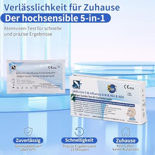 5-in-1 Test Atemviren-SARS-CoV-2 & Influenza A+B & RSV & ADV Antigen Combo Test Kit-Schnelltest für Zuhause - Zertifizierte Premiumqualität - Einfach, Schnell, Präzise (1)