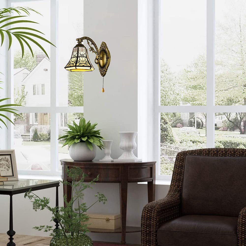 Lampada da Parete Rustica Tiffany, Paralume in Vetro da 6,3 Pollici, Lampada da Parete retrò con Interruttore a Corda, Lampada Decorativa da Parete per camere da Letto