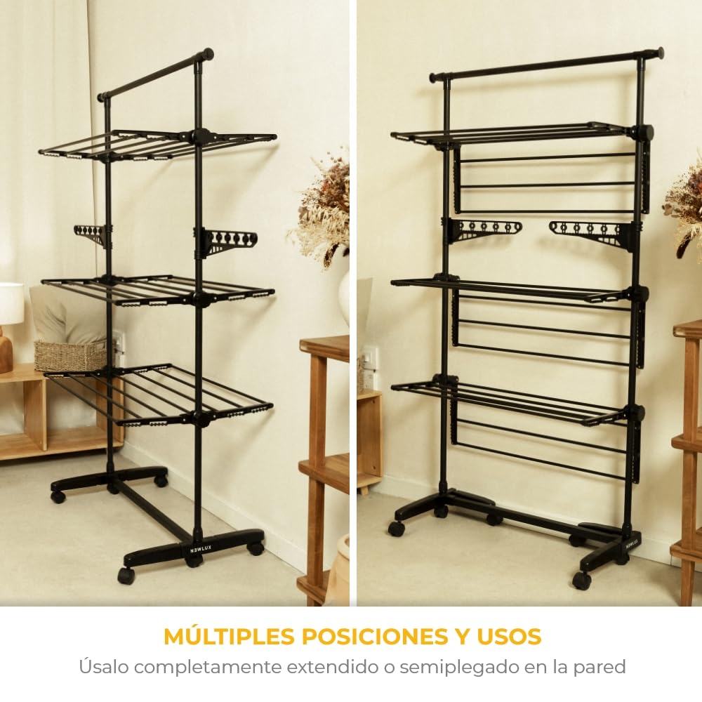 NEWLUX-Tendedero Vertical Plegable XXL Fold Care V60 Negro con Ruedas, 5 Niveles Dobles y 18-21m de tendido. Tendedero Plegable con Soporte para perchas y prendas largas de 1,5m. Ideal como perchero