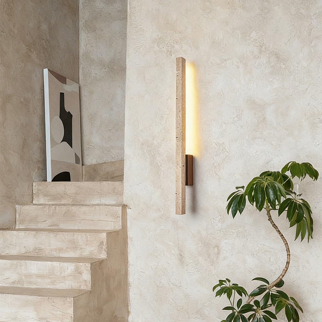 Aplique De Pared Largo Lineal WabiSabi Piedra Travertino Natural Lampara De Pared Minimalista Luz De Pared LED 55cm/90cm Iluminacion Para Dormitorio Salon Pasillo Hotel Cafe(Rectangle 90cm)