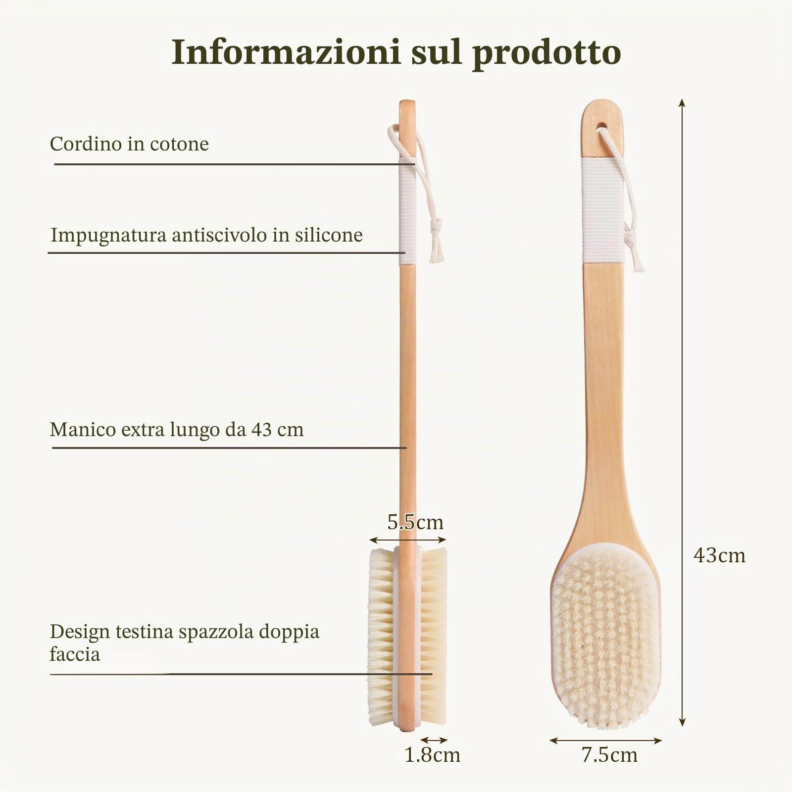 Blendura Spazzola Schiena Doccia Manico Lungo, Spazzola Corpo Bagnato e Asciutto Setole Morbide Esfoliante Corpo, Lunghezza 43 cm