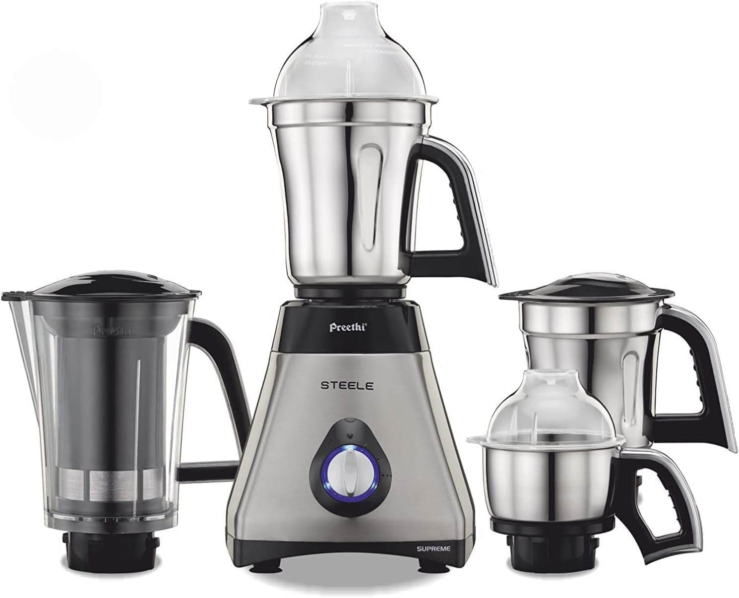 Preethi Steel Supreme MG-208 750-Watt Mixer Grinder 4 Jars, Super Extractor | Powerful Motor for Grinding, shock-proof design, anti-finger mark coating, anti-slip base (Black & Silver Colour)