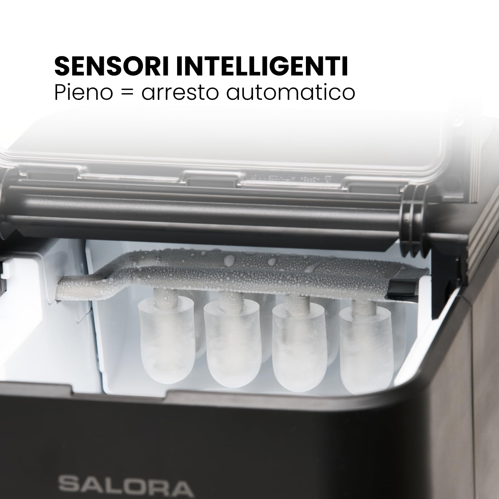 Salora ICEMAKER12B - Macchina per ghiaccio a cubetti, 12 kg/24h, 2 misure 6-9 min, serbatoio da 1,3 l, touch screen, compatta e portatile, con paletta per gelato, nero opaco