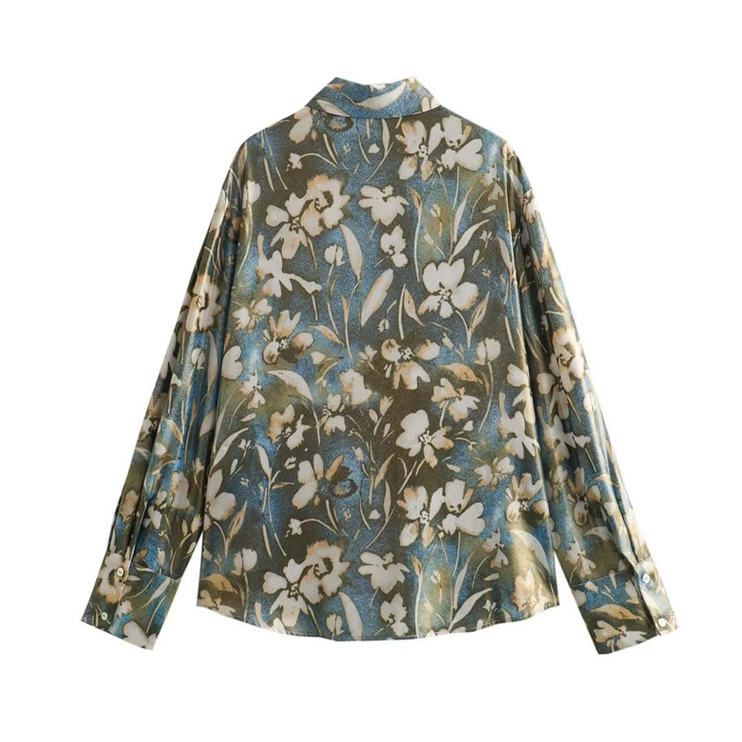 Primavera Donne Retro Polo Collo Metallo Stampa Camicia A Vita Alta Pieghe Mezza Gonna Set