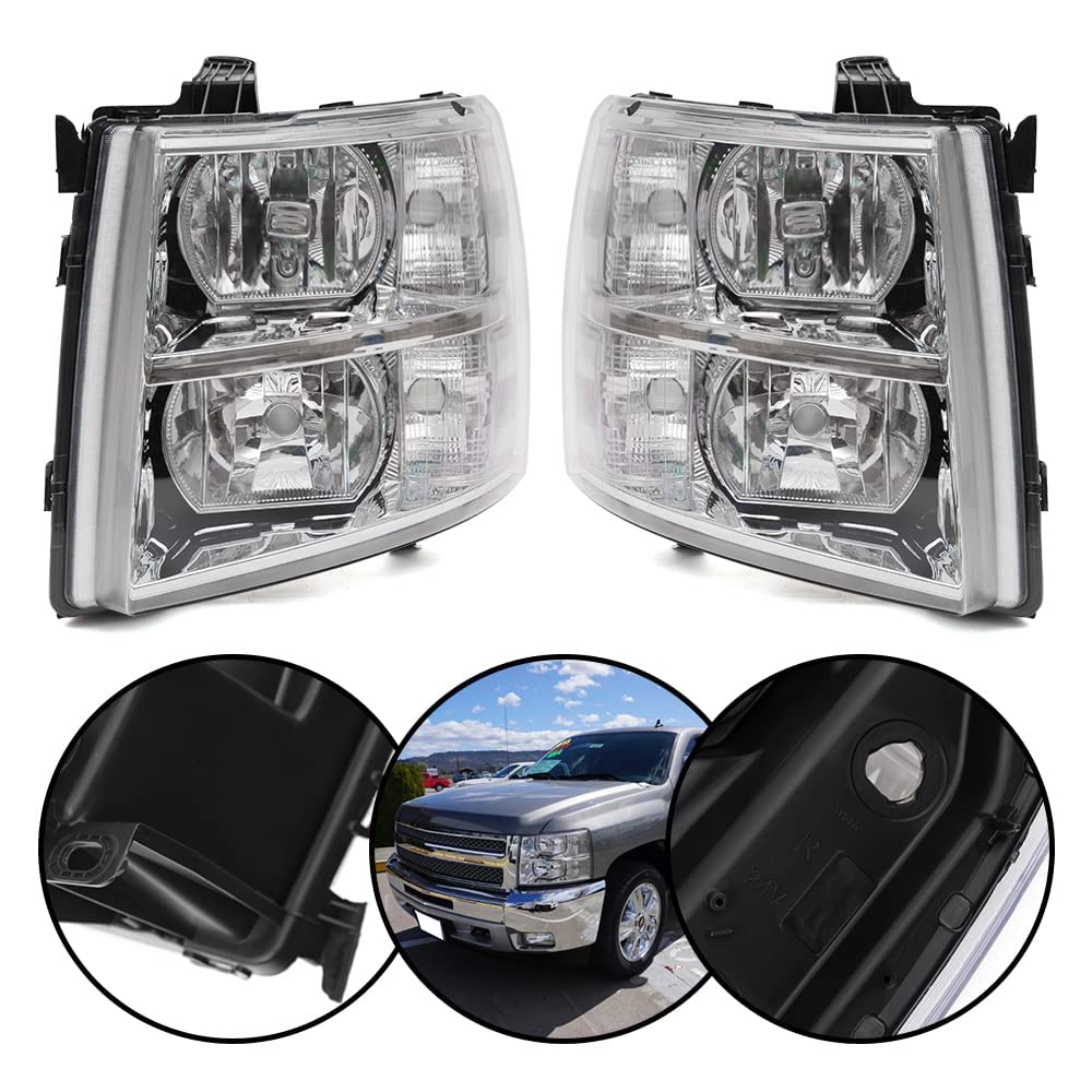 G-PLUS Headlights Assembly, Compatible with 2007 2008 2009 2010 2011 2012 2013 2014 Chevy Silverado bumper Headlamp, Clear lens Chrome Housing Clear Reflector
