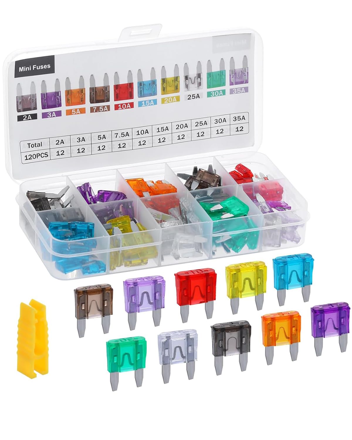 Photo 1 of 120pcs Car Fuses Kit, Mini Car Fuse Assortment Kit with 1 Puller, Mini Blade Fuses Automotive for Car, RV, Truck, Marine, Motorcycle, Auto Accessories(2A/3A/5A/7.5A/10A/15A/20A/25A/30A/35A)