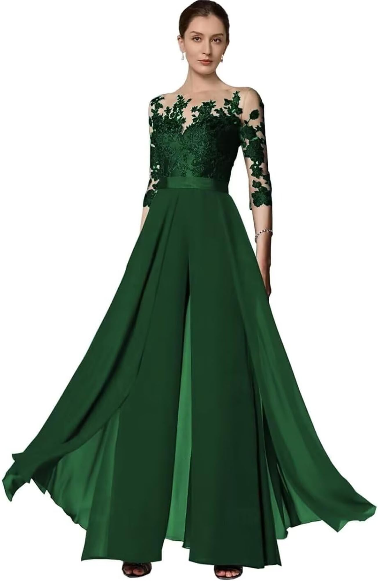 2 Stück Chiffon Hosenanzug Damen Festlich Elegant - Spitze Hochzeit Jumpsuits 3/4 Ärmel Mutter der Braut Hosenanzüge