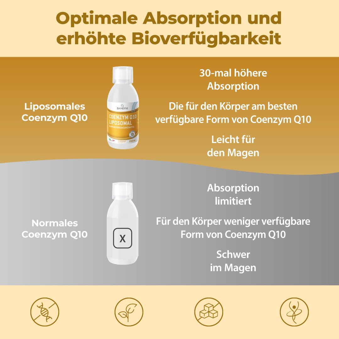 Bandini® Liposomales flüssiges Coenzym Q10 200 mg | 250 ml Co Q10 | | CAVAQ10® bioaktiv, natürlich, hoch bioverfügbar | Hochwertiges veganes Ubichinon aus pflanzlicher Fermentation