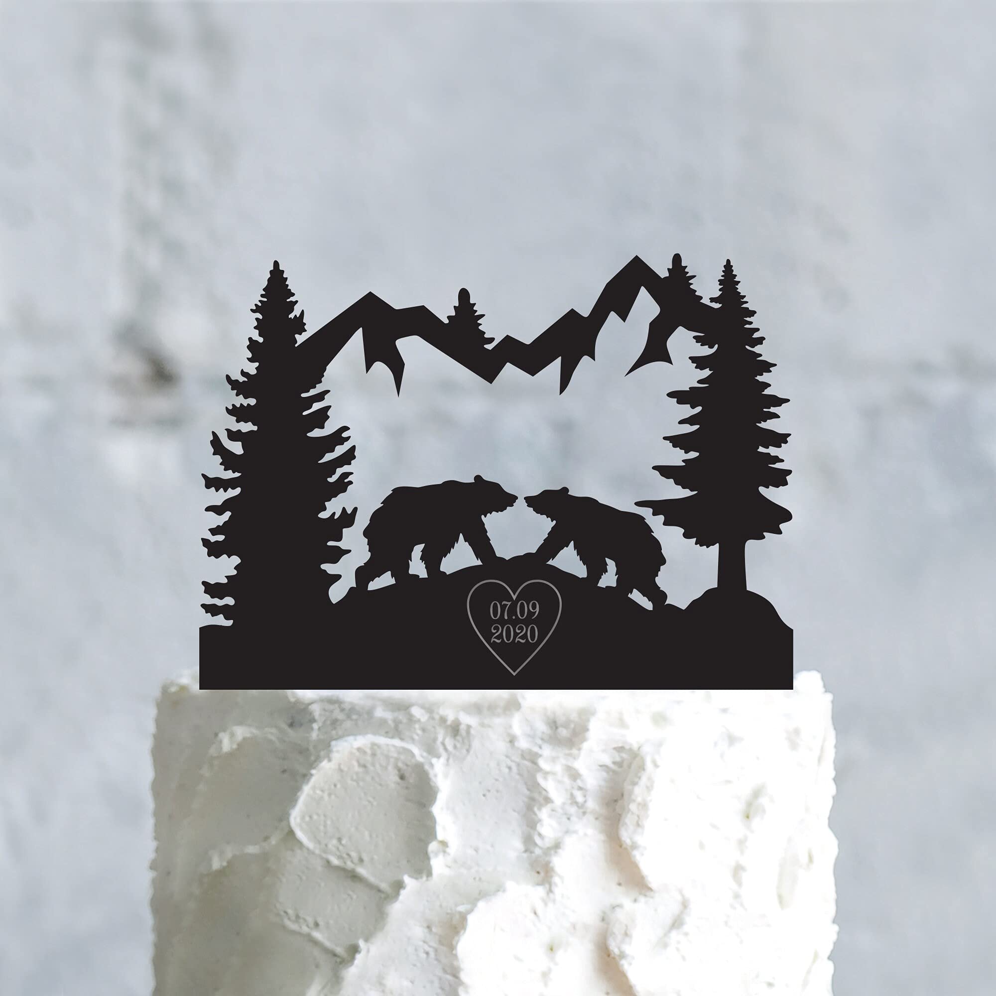 UTF4C Bear Wedding Mountain Adventure Engagement Cake Topper, Mountain Black Bear Couple Outdoor Custom Cake Topper, Bear Alaska Wedding Topper, Acrylic Cake Topper, Unique Cake Insert, cct1767