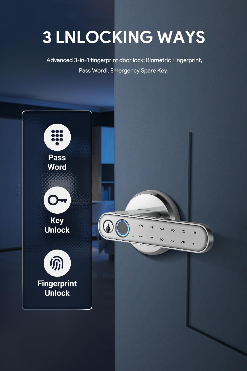 Fingerprint Door Knob with keypad, Entry Keyless Door Lock with Handle, Fingerprint, Code, Keys, 0.2s Biometric Smart Door Lock for Bedroom, Hotel, Office