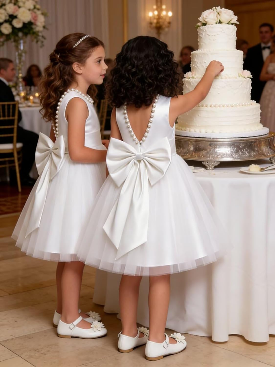 Flower Girl Dress Tulle Satin Pearls Knee Length A-Line First Communion Dresses for Girls Wedding Princess Ball Gown