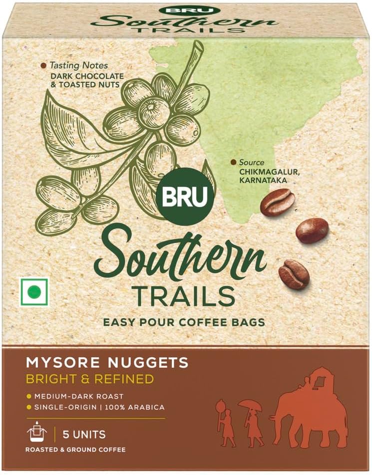 Bru Southern Trails | Easy Pour Coffee Bags | Mysore Nuggets | Medium-Dark Roast | 100% Specialty Grade, Single Origin Arabica Ground Coffee | 55g