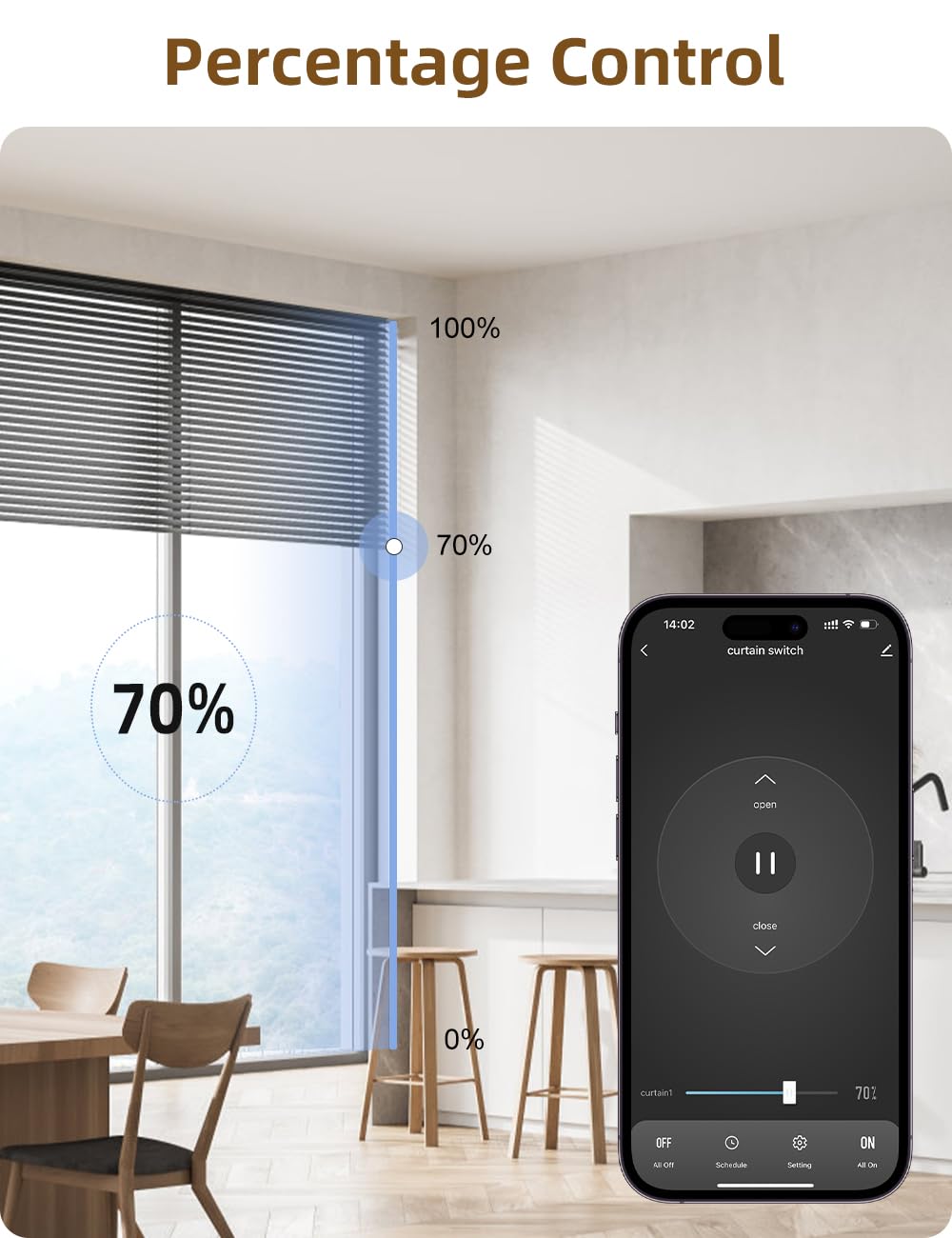 Screenshot of Maxcio app showing percentage control for roller shutters