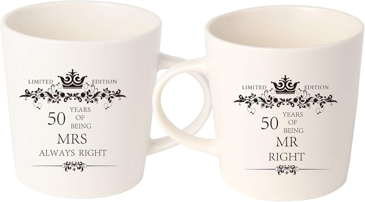landskykit Pack of 2 50th Wedding Marriage Engagement Anniversary Mugs for Couple Parents Gifts Set White Ceramic Coffee Cups 50 Years Mr Right & Mrs Always Right Design Dishwasher Safe (50th)