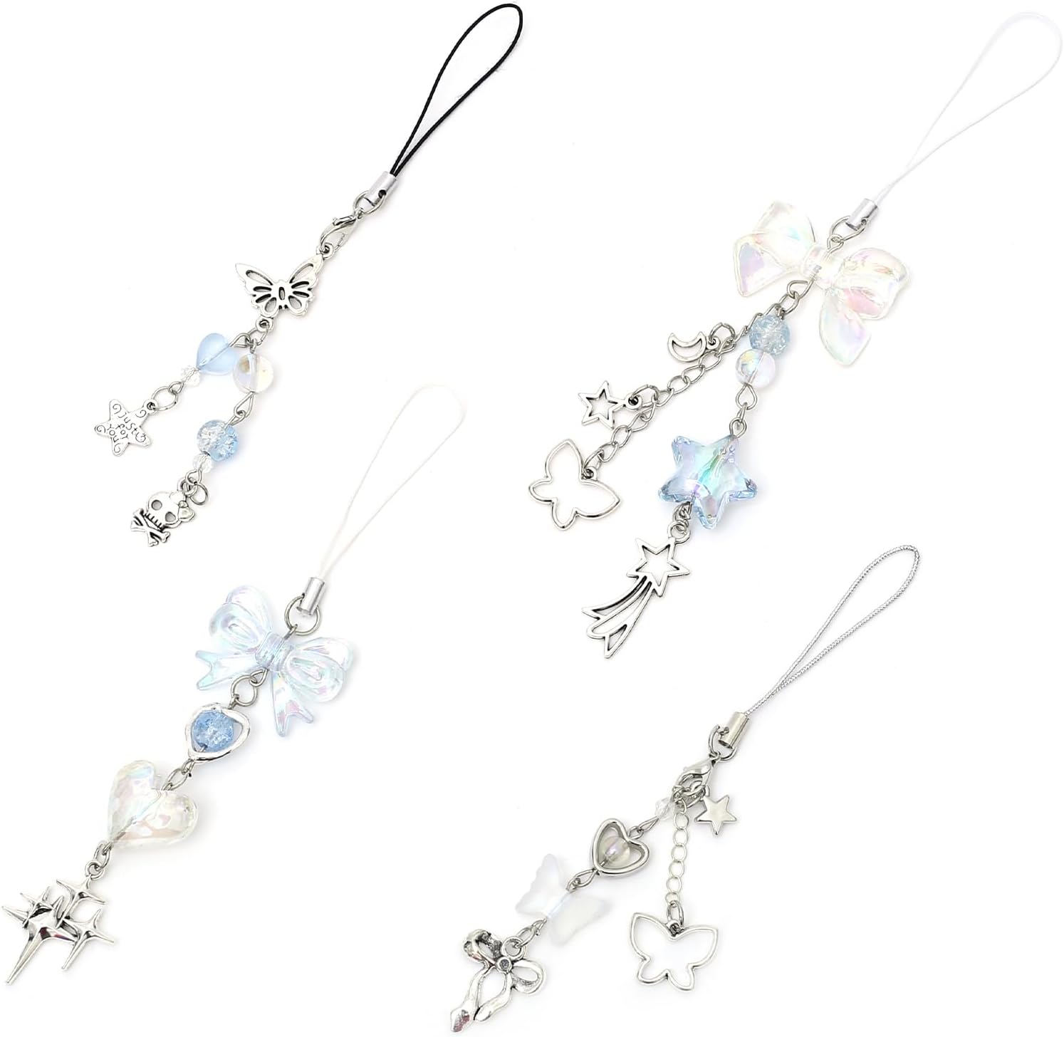 4PCS Blue-phone Charm Y2K Phone Accessories Aesthetic Keychain Star Flower Cute Decor String Cellphone Chain Pendant Strap Lanyard Butterfly Crystal Ribbon Bead