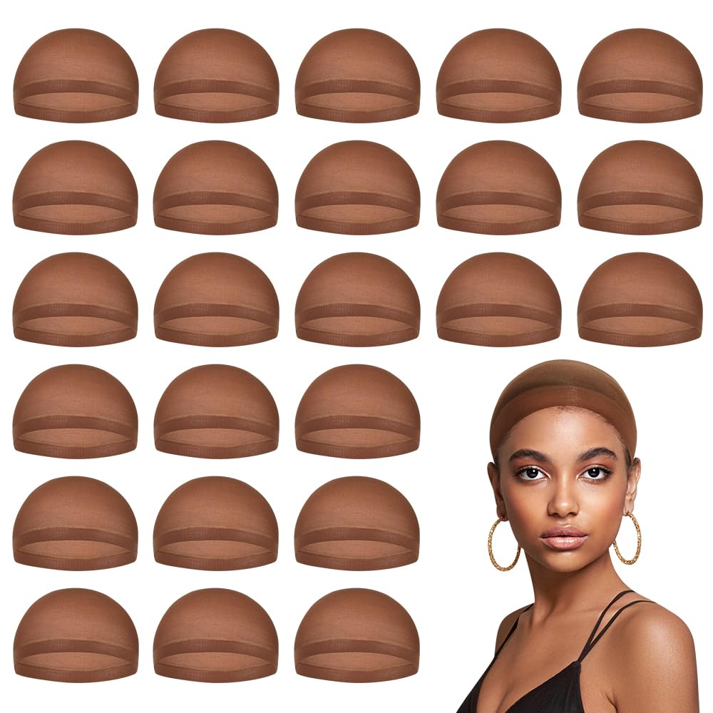 MYKURS Dark Brown Wig Caps for Women - 24 Pack Breathable Stocking Caps for Lace Front Wigs, Stretchy & Comfortable