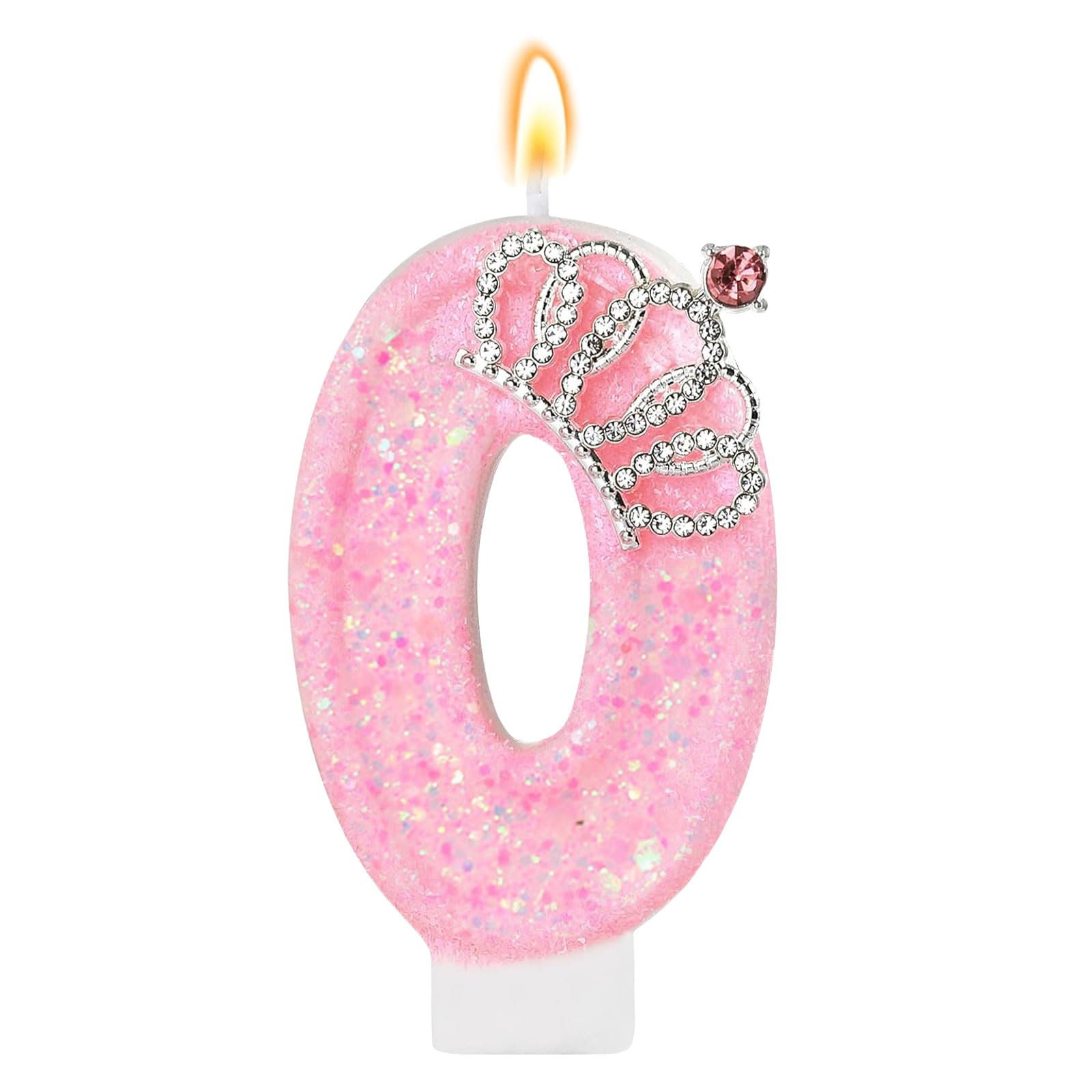 LunarCharm Pink Birthday Candles โ Glittery Number Candle for 0th Birthday Party with Crown, Number 0, for Cake, Cupcake Decorations, Party Decorations, Anniversary Celebrations